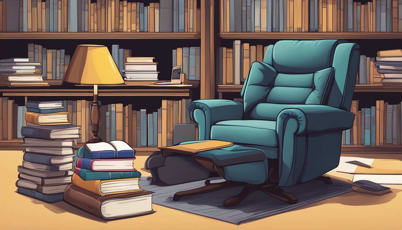 A recliner study chair surrounded by a stack of books, a laptop, and a desk lamp