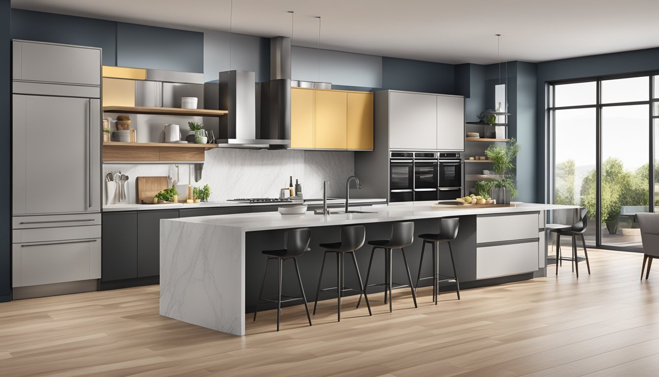 A modern kitchen with customizable cabinets, sleek appliances, and functional elements like pull-out drawers and adjustable shelving