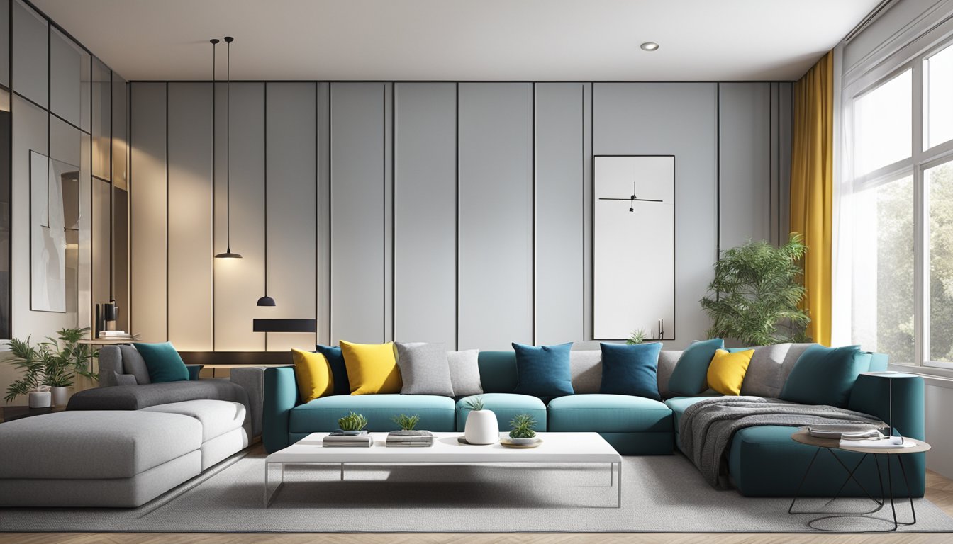 A spacious room with modern furniture and bright lighting. A feature wall with a bold color or pattern adds a pop of personality. Clean lines and minimalistic design create a sleek and functional space