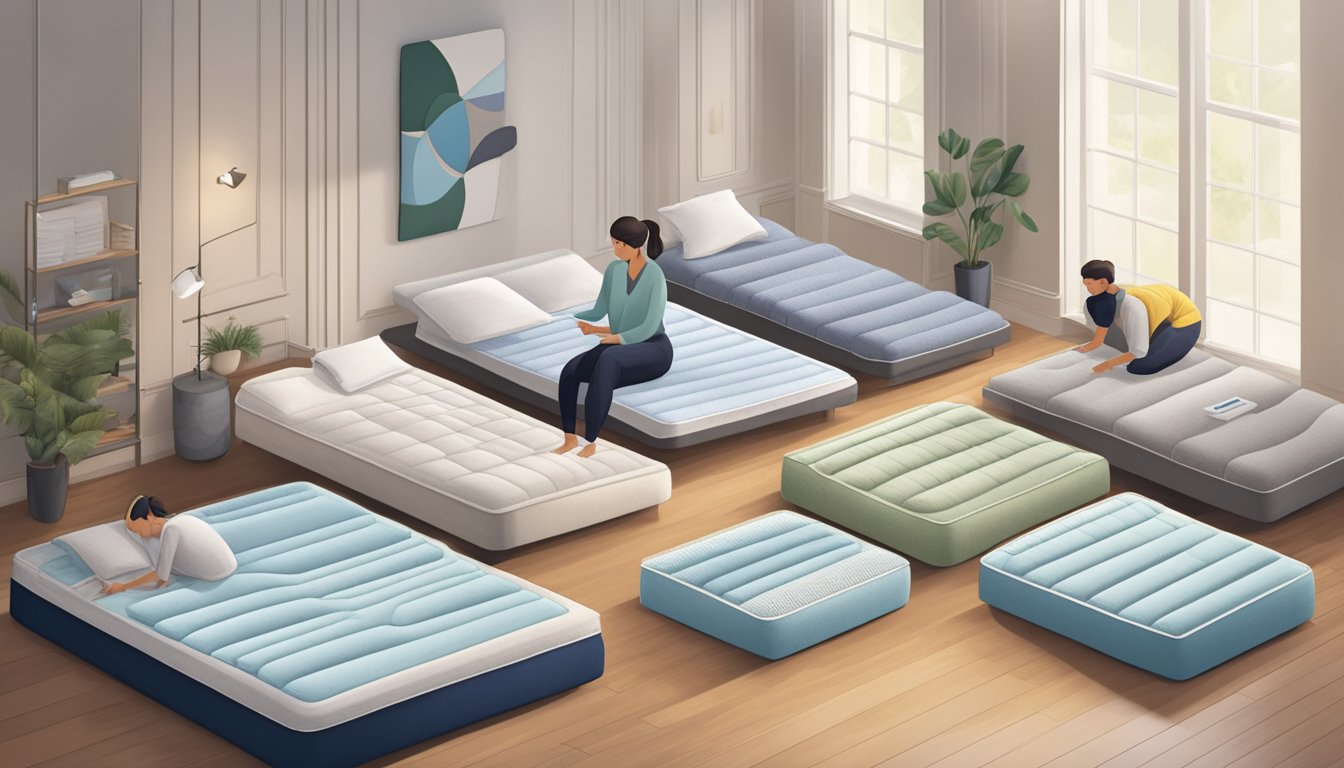 A person is lying on a comfortable mattress, surrounded by various mattress brands with labels. The person is testing each one, comparing and evaluating for comfort and support