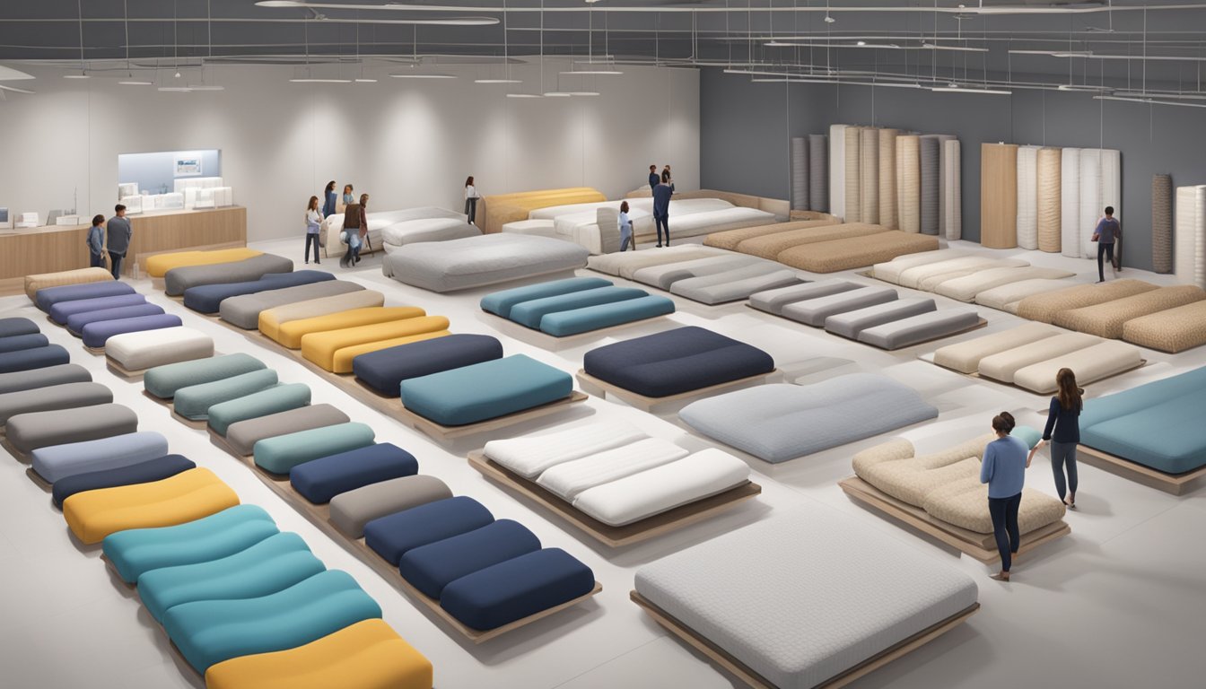 A showroom with rows of different mattress brands displayed, each with varying firmness levels and materials, surrounded by customers trying out different options