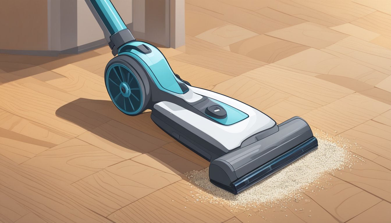 A cordless vacuum cleaner sits on a hardwood floor, surrounded by scattered crumbs and dust