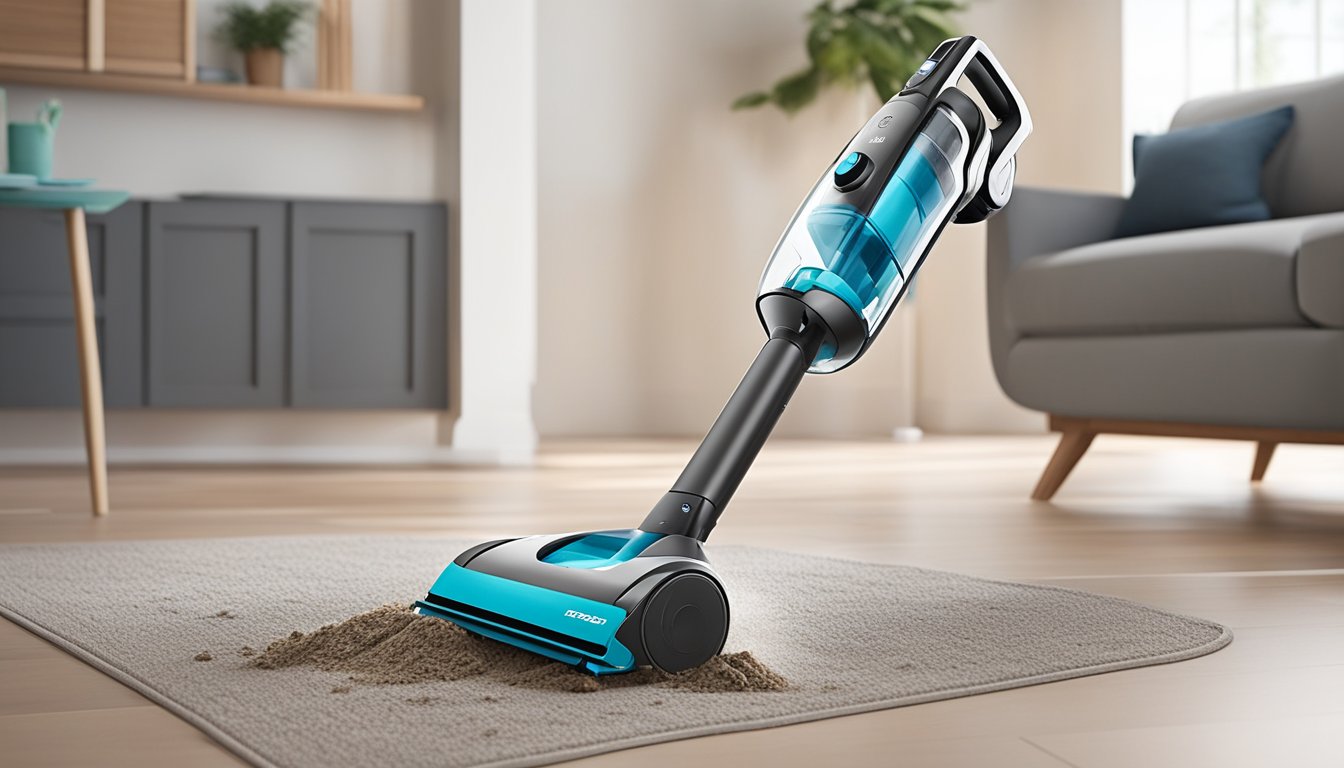 A cordless vacuum cleaner effortlessly glides across a living room floor, picking up dirt and debris with ease. Its sleek, portable design revolutionizes home cleaning