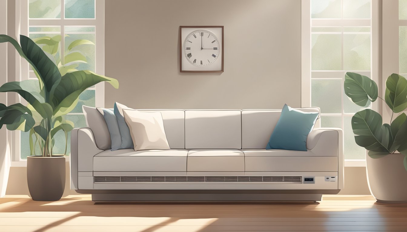 A modern, sleek air conditioner hums quietly in a sunlit room, cooling the air and creating a comfortable environment