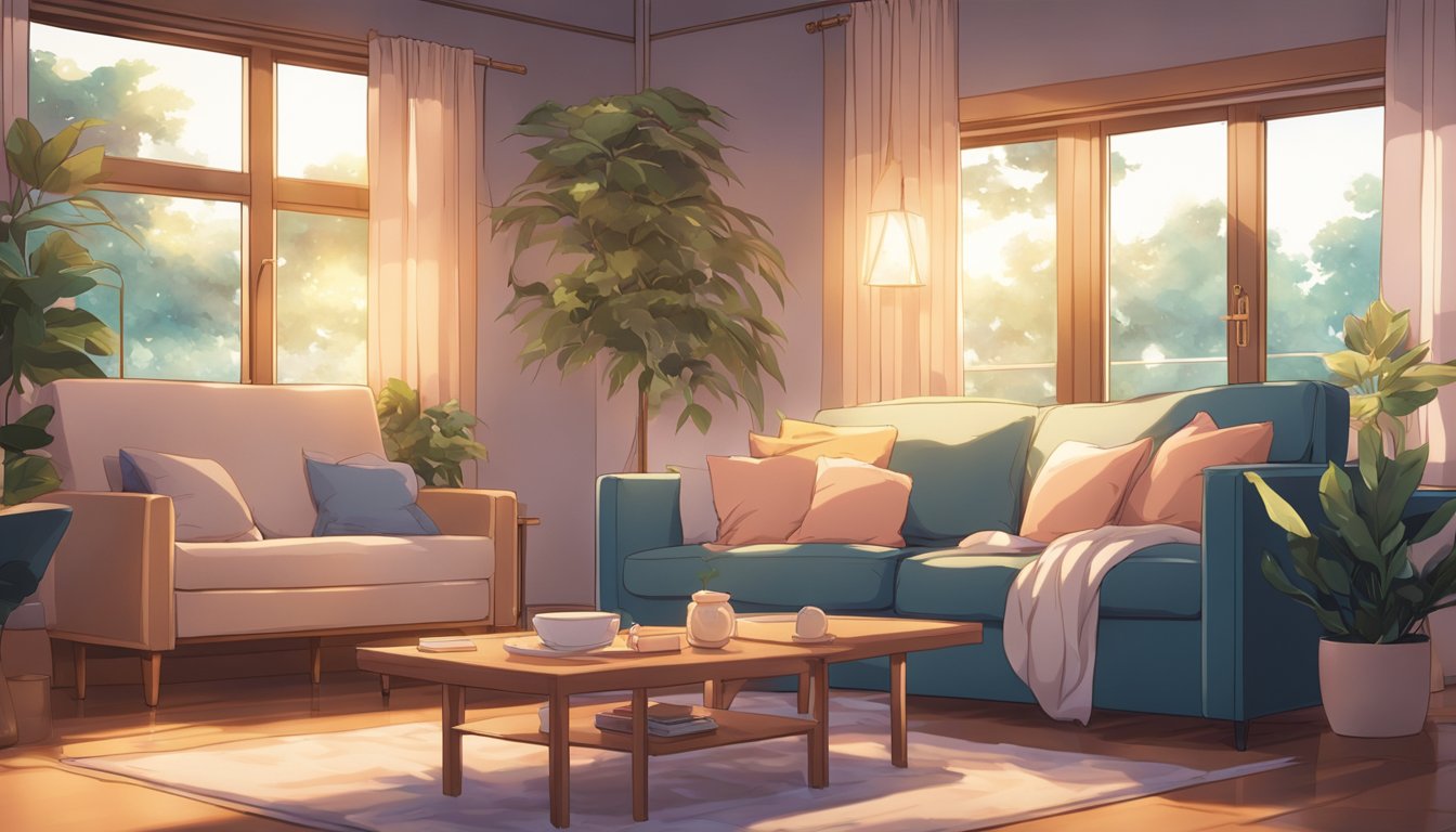 A cozy living room with the sex doll placed on a comfortable couch, surrounded by soft pillows and warm lighting, creating a welcoming and supportive environment for daily integration