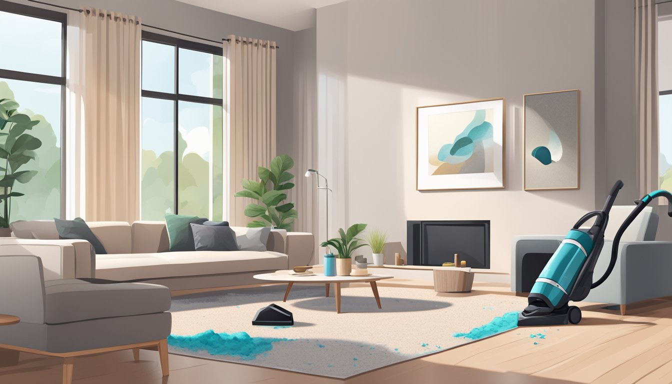 A modern living room with a sleek, cordless vacuum cleaner in action, effortlessly cleaning up crumbs and debris from the floor
