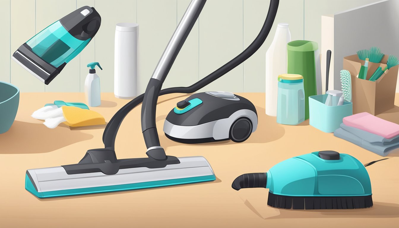 A cordless vacuum cleaner sits on a table, surrounded by various cleaning accessories. The cleaner is compact and sleek, with a handle and nozzle for easy use