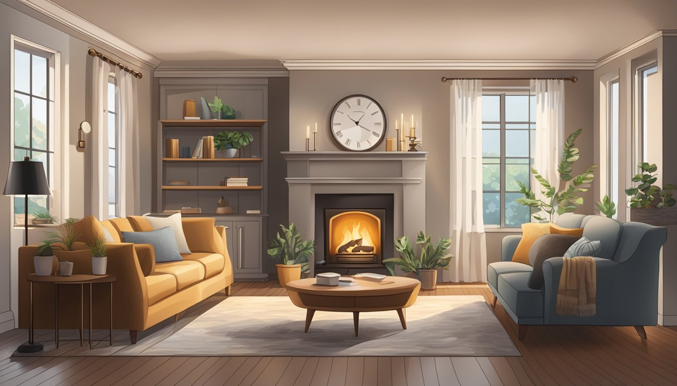 A cozy living room with a crackling fireplace, soft ambient lighting, and comfortable furniture arranged in a welcoming and inviting layout