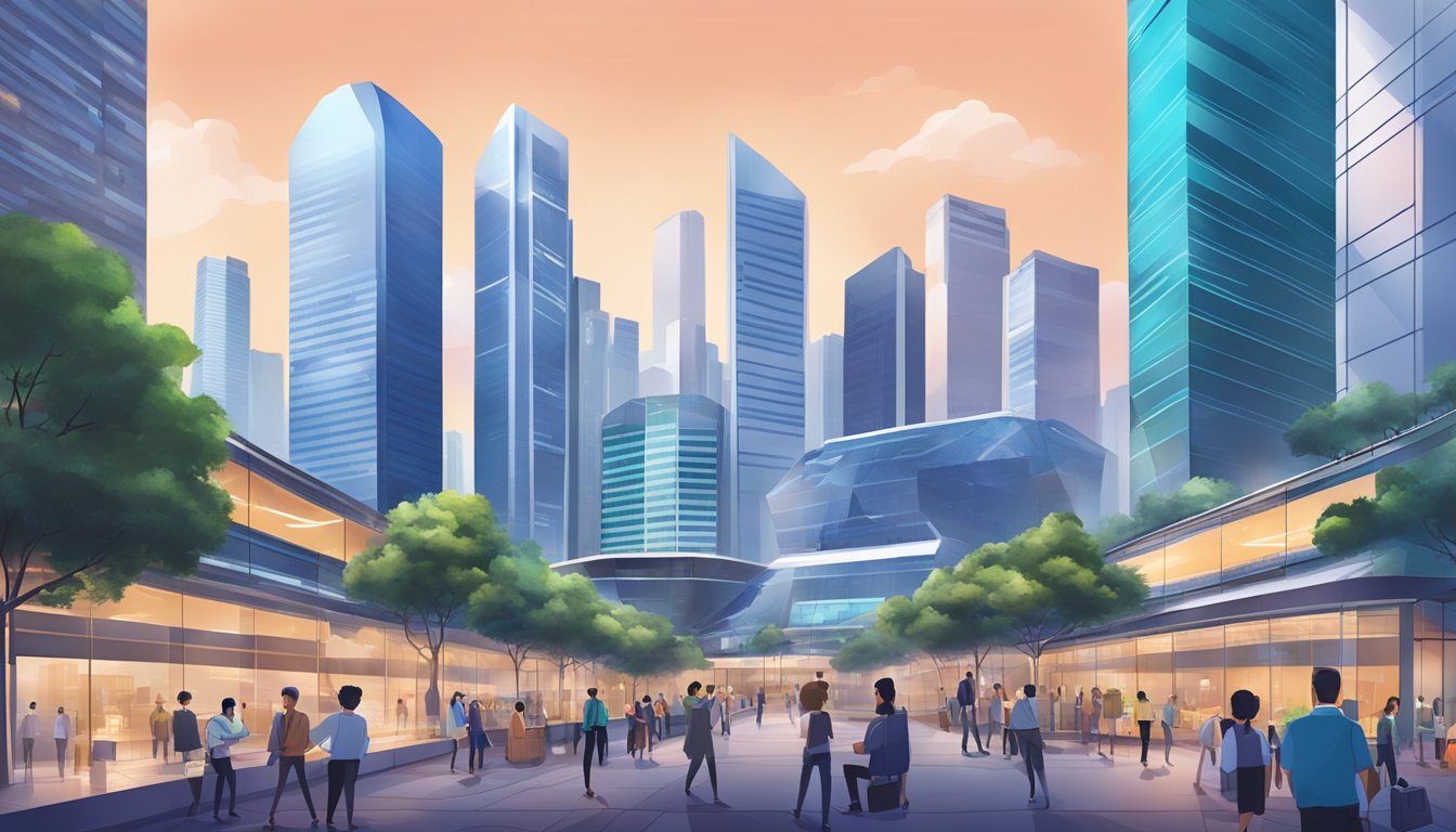 A bustling Singapore cityscape with a prominent blockchain company headquarters, surrounded by tech-savvy professionals in a modern office setting