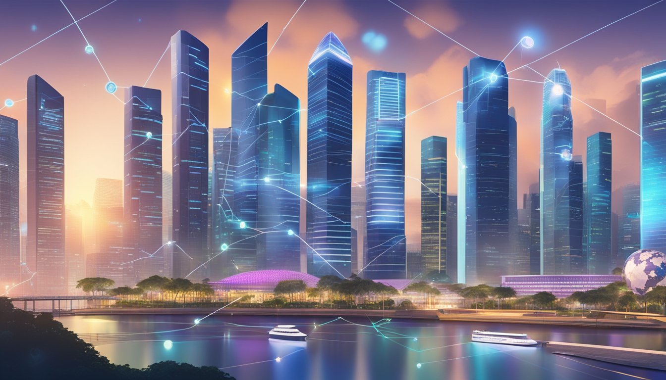 A bustling Singapore cityscape with futuristic skyscrapers and a digital interface overlay, showcasing blockchain technology and financial data