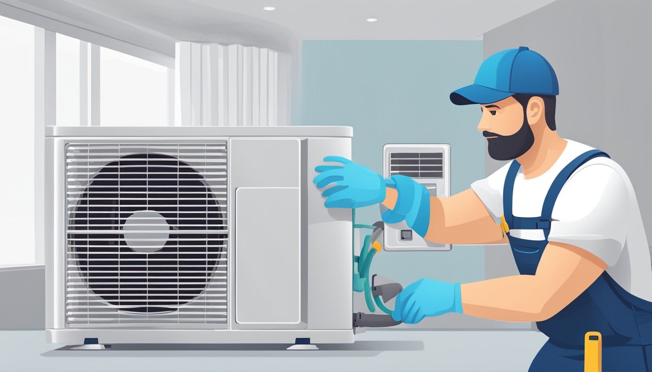 A technician installs and maintains a modern air conditioner unit in a clean and well-lit room