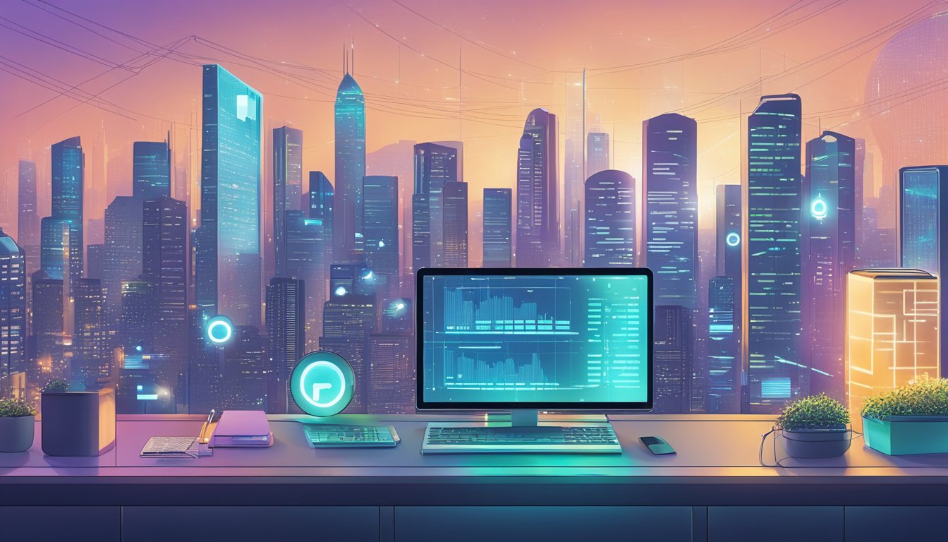 A bustling city skyline with a computer screen displaying blockchain code and a salary figure, surrounded by futuristic technology