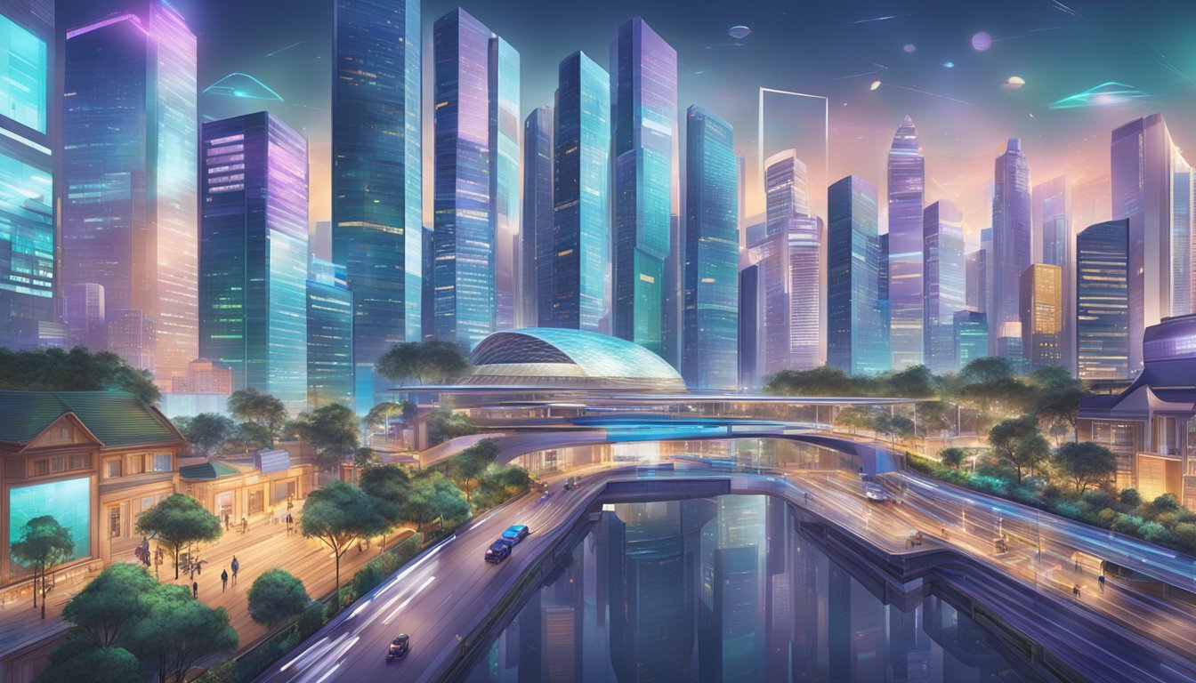 A bustling cityscape with futuristic buildings and digital screens, showcasing the thriving blockchain industry in Singapore