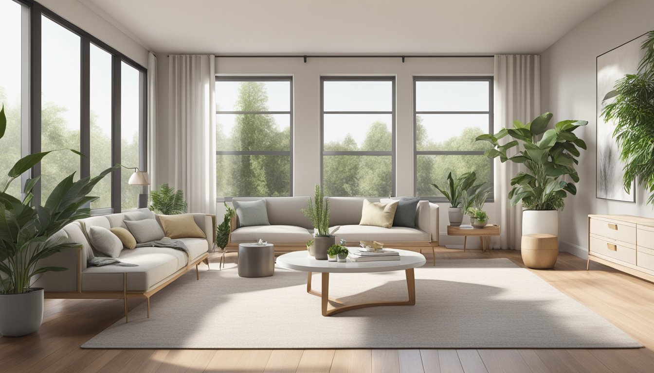 A room with modern furniture, clean lines, and neutral colors. Large windows let in natural light, and potted plants add a touch of greenery