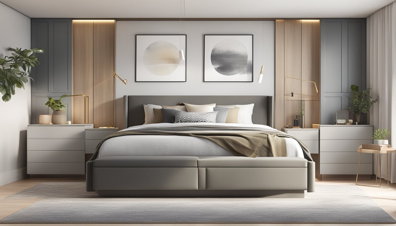 A bedroom with a sleek, modern queen storage bed, featuring clean lines, a neutral color palette, and ample storage space underneath