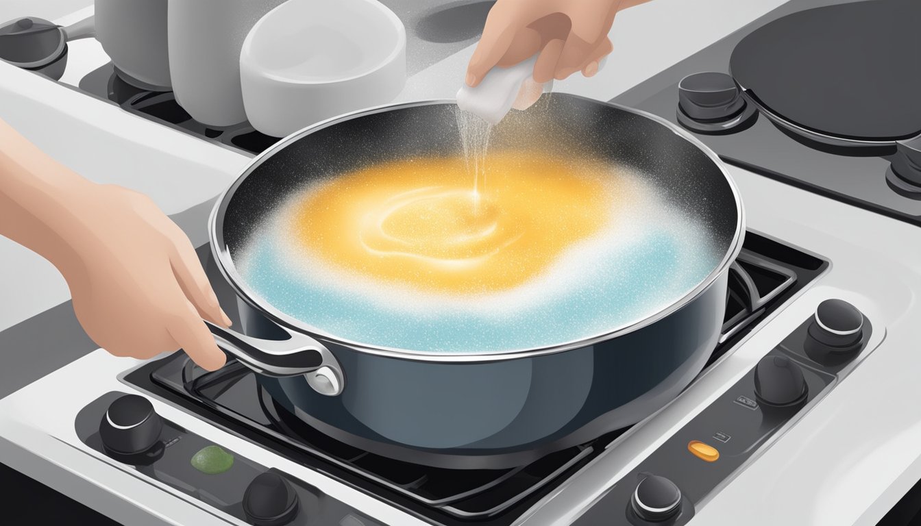 A hand sprinkles baking soda onto a gleaming ceramic hob, then wipes it clean with a damp cloth