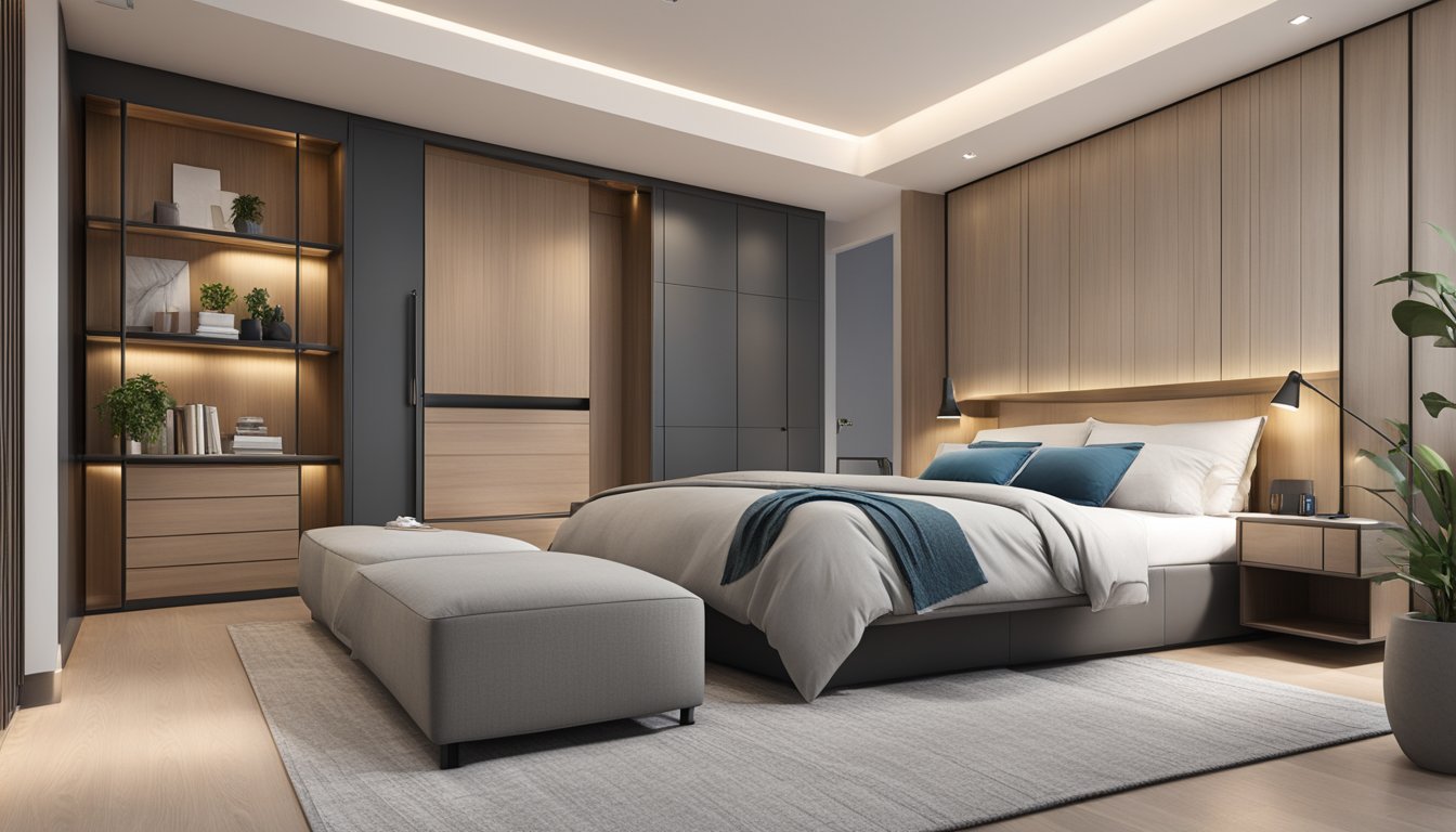 A queen storage bed in a modern Singapore bedroom with clean lines, sleek design, and ample storage space underneath