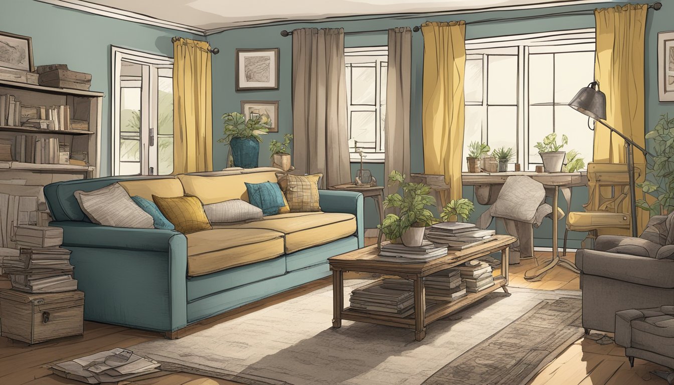 A cluttered living room with mismatched, worn-out furniture packages. A sagging sofa, chipped coffee table, and faded curtains create a shabby atmosphere