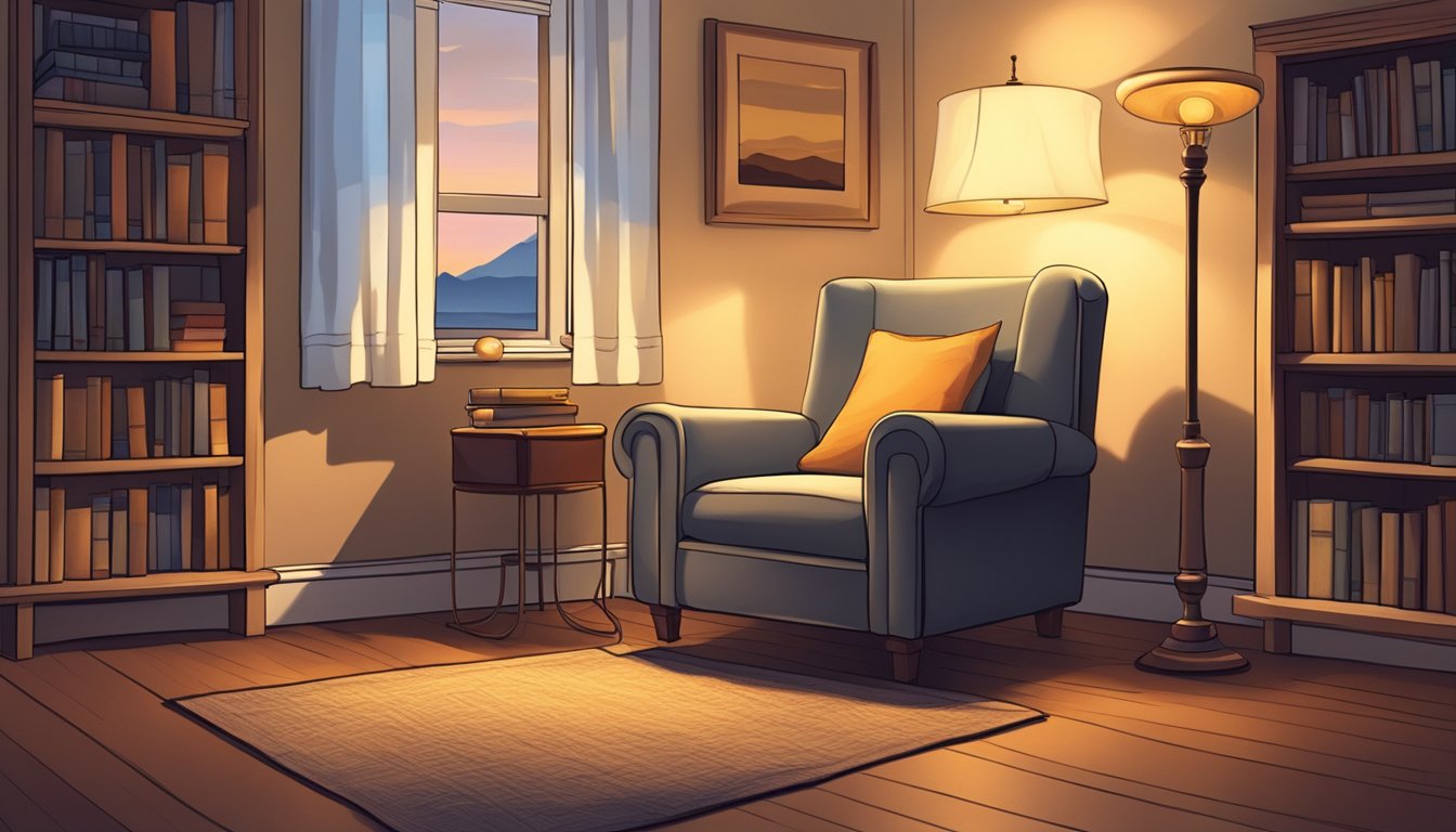 A chair bed sits in a cozy corner, with a soft blanket draped over the back and a book resting on the seat. The warm glow of a lamp illuminates the scene