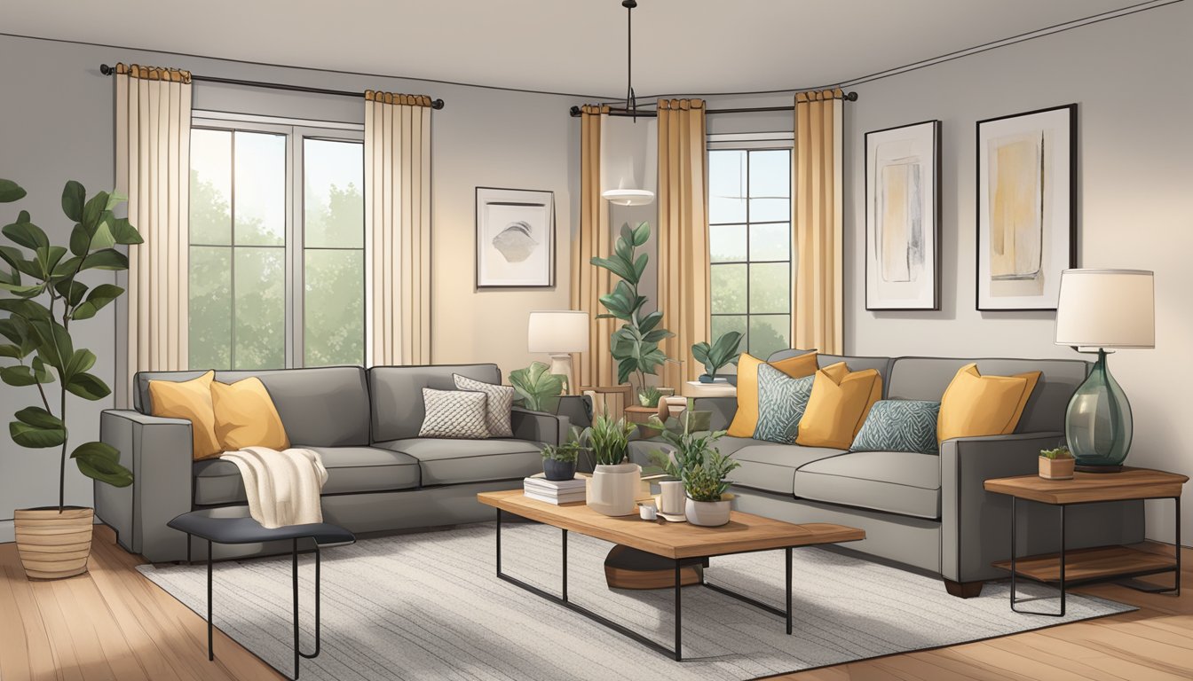 A cozy living room with affordable furniture packages arranged neatly and stylishly. A comfortable sofa, coffee table, and matching decor create a warm and inviting space