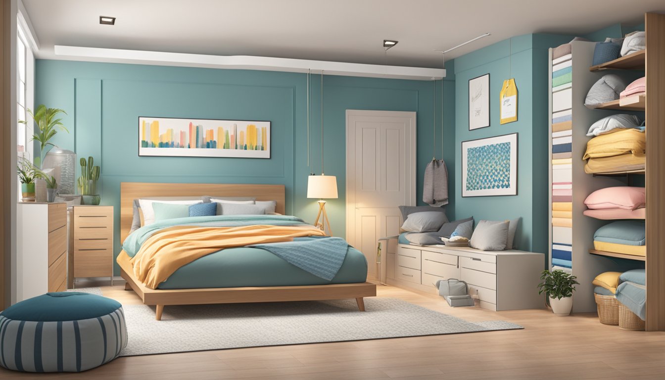 A cozy bedroom with a variety of mattresses displayed in a store, with colorful signs and labels indicating prices and features