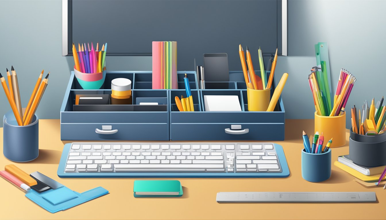 An organizer box sits on a desk, filled with various office supplies and stationery items neatly arranged inside