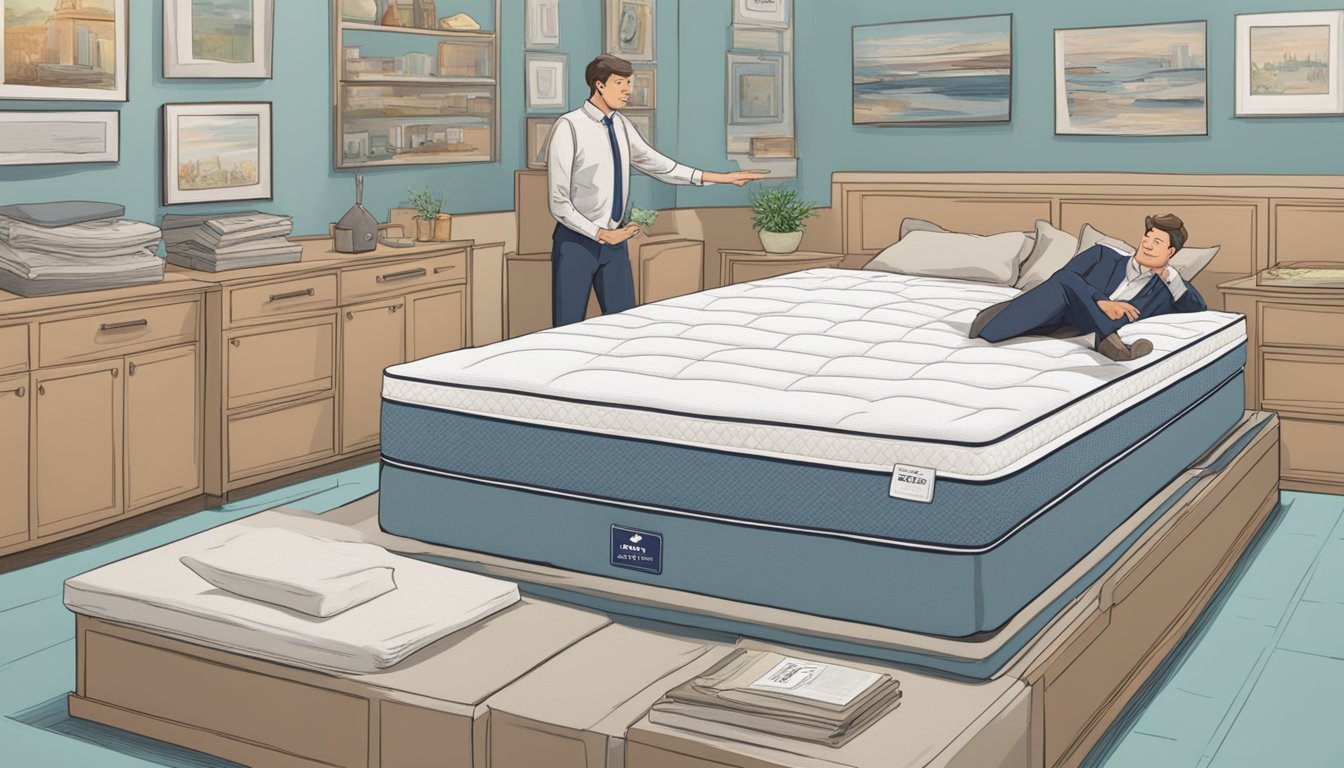 A person lies on a mattress, surrounded by various options. A salesperson gestures towards a sign reading "Discovering the Perfect Mattress."