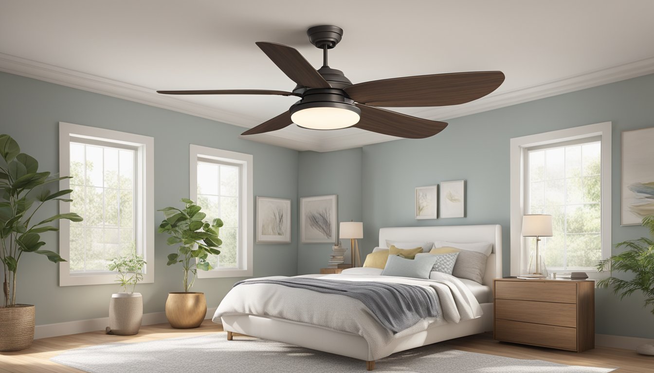 A bedroom ceiling fan spins slowly, casting a gentle breeze across the room. The blades are a soft, neutral color, and the fan is mounted to the center of the ceiling