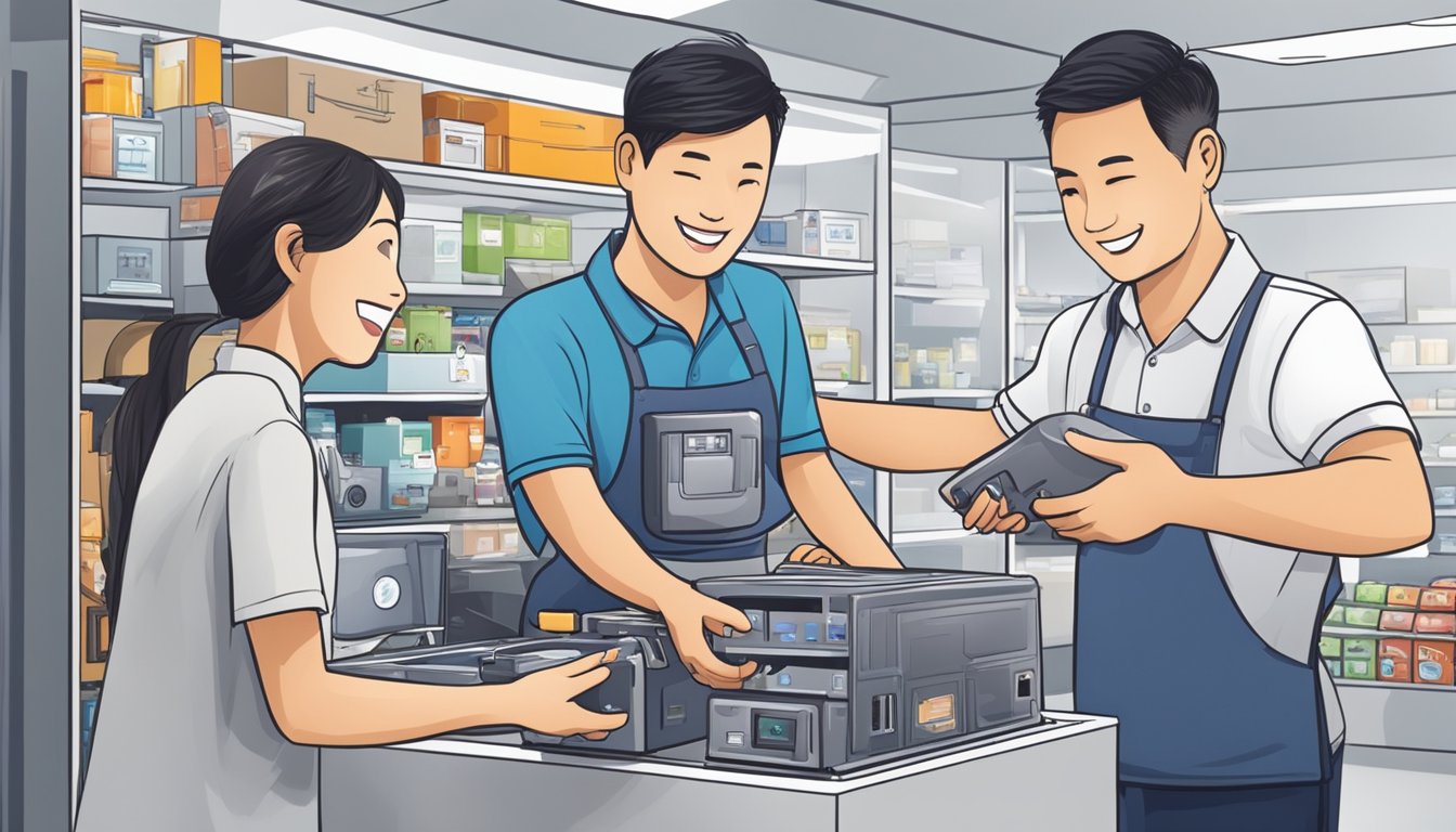 A customer unpacks a new electrical appliance in a well-lit, modern store in Singapore. A friendly staff member assists with a smile