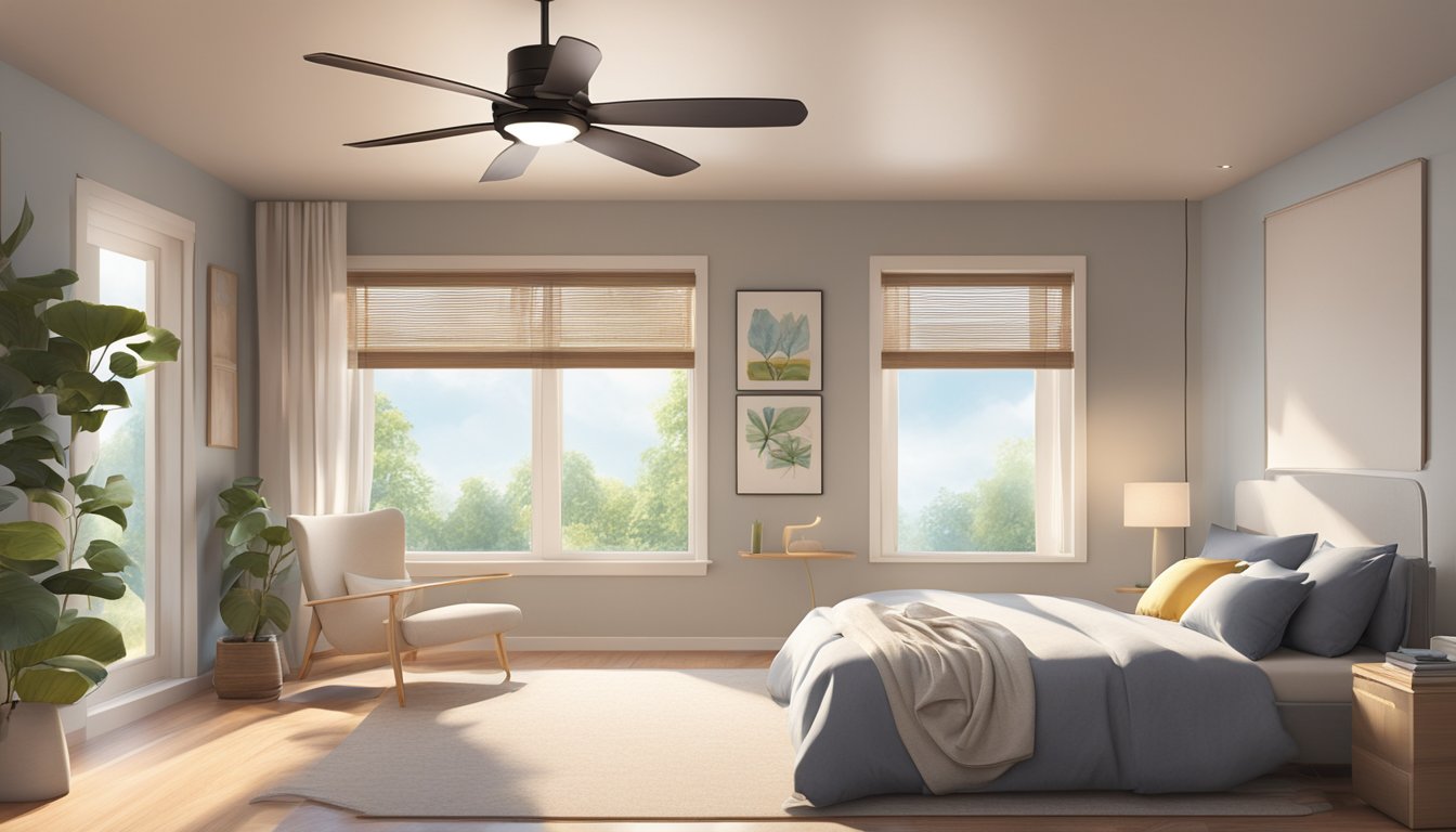 A bedroom with a modern ceiling fan, casting a gentle breeze, while soft light filters through the blades, creating a cozy and inviting atmosphere