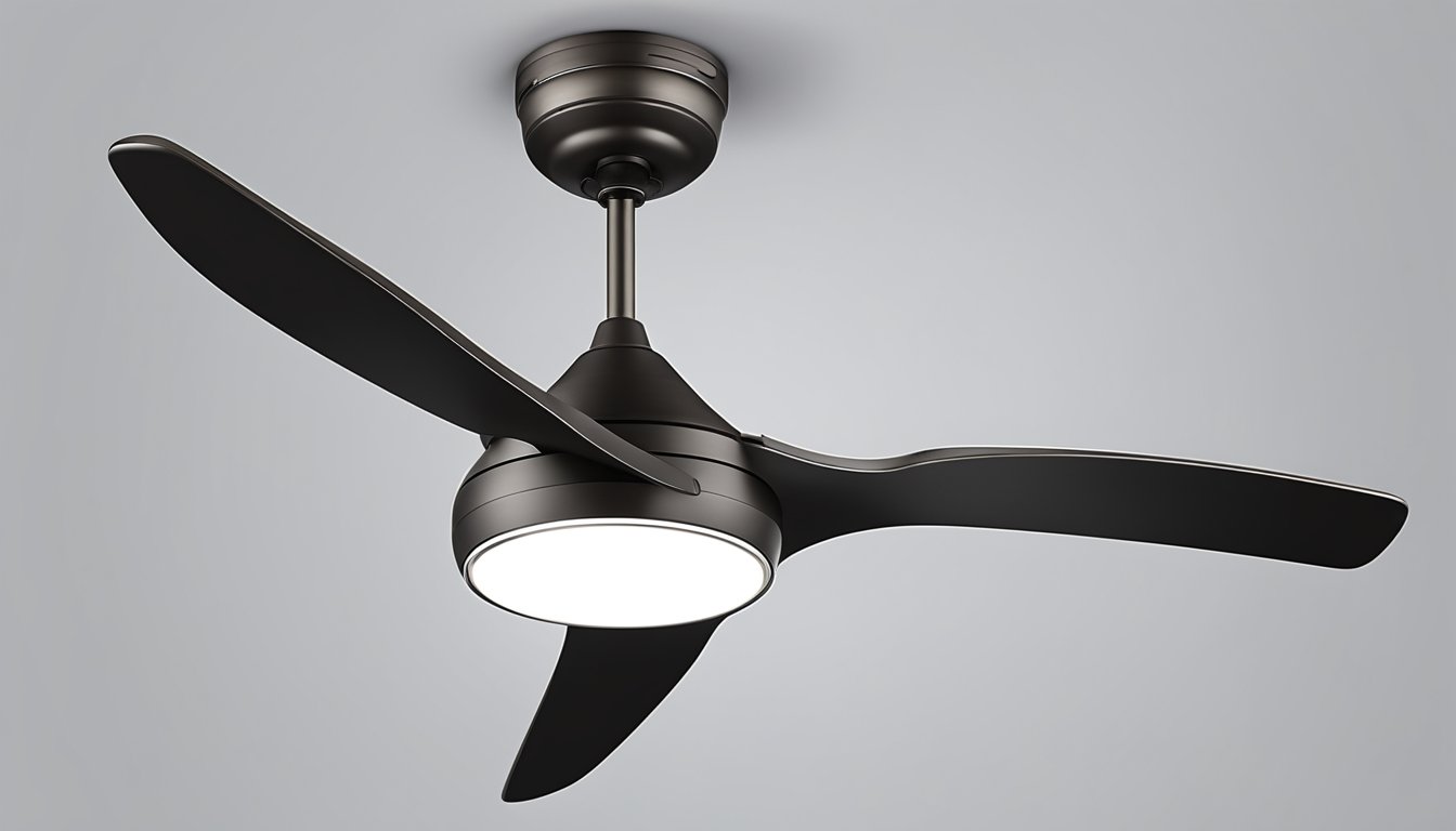 A bedroom ceiling fan with sleek design and adjustable LED lighting. Multiple speed settings and remote control for convenience