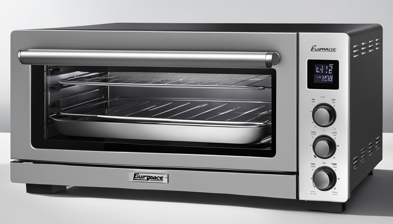 A Europace convection oven sits on a kitchen countertop, with its sleek stainless steel exterior and digital display. The oven door is slightly ajar, revealing a well-lit interior with adjustable racks and a glass window for easy monitoring