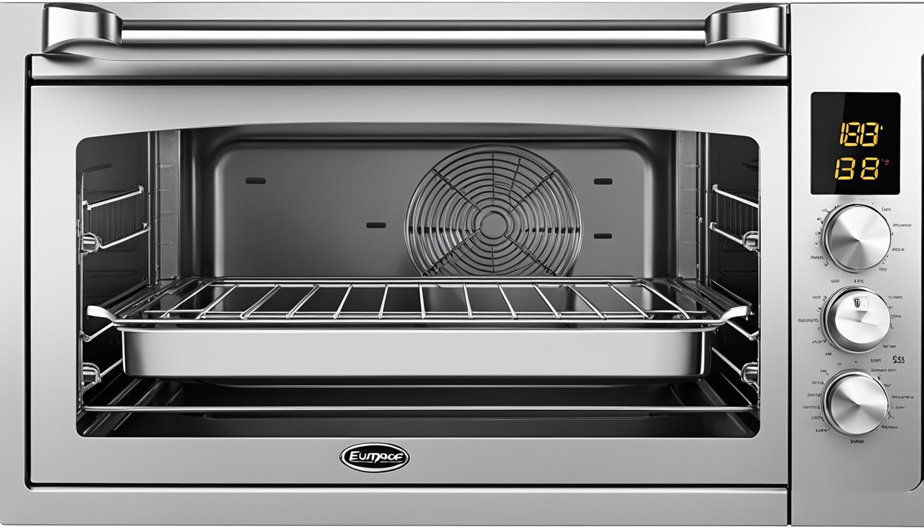 The Europace Convection Oven features a sleek stainless steel exterior with digital controls and a clear viewing window. It has a spacious interior with multiple rack positions and a powerful convection fan for even cooking