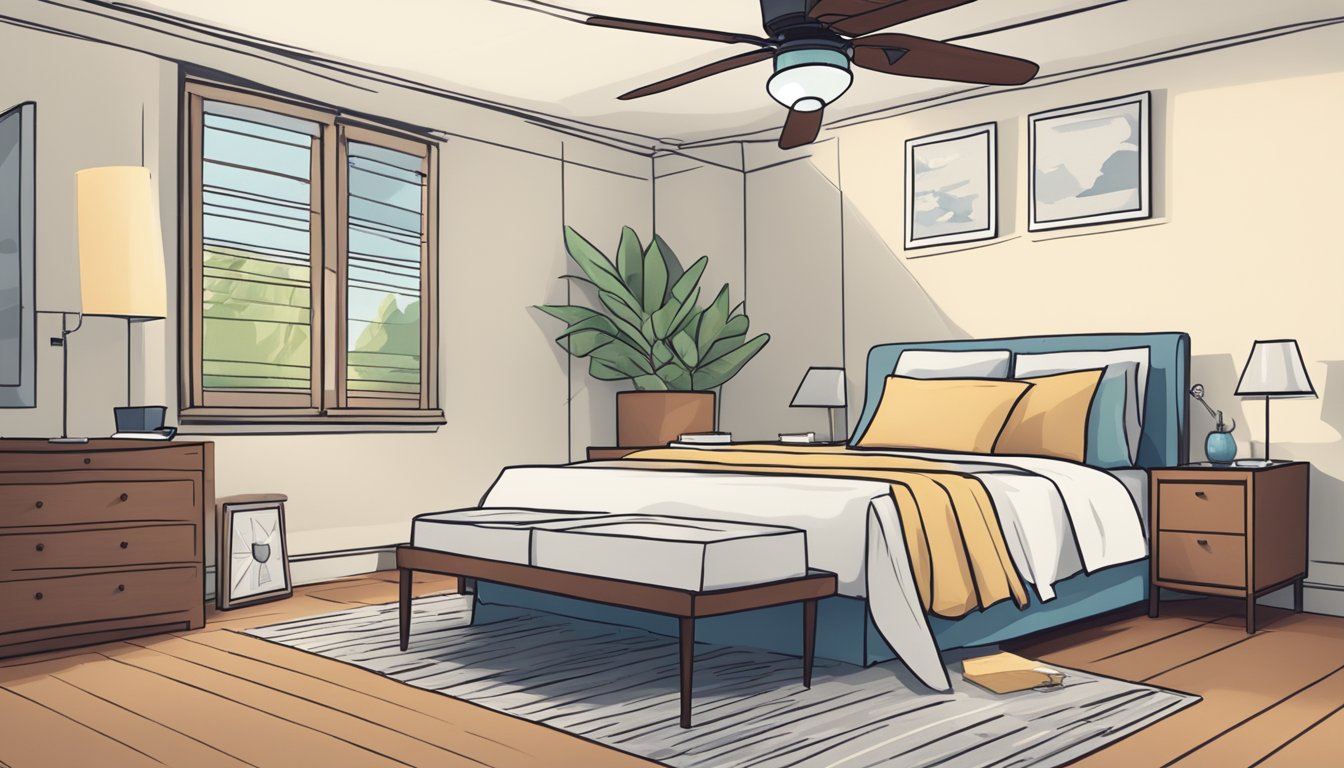 A bedroom with a ceiling fan spinning above a bed, with a stack of FAQ papers on a nightstand