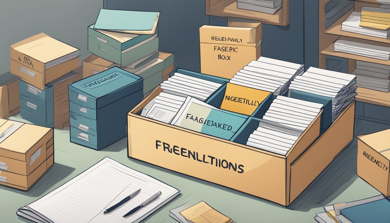 A neatly organized box labeled "Frequently Asked Questions" sits on a desk, filled with neatly stacked papers and labeled dividers