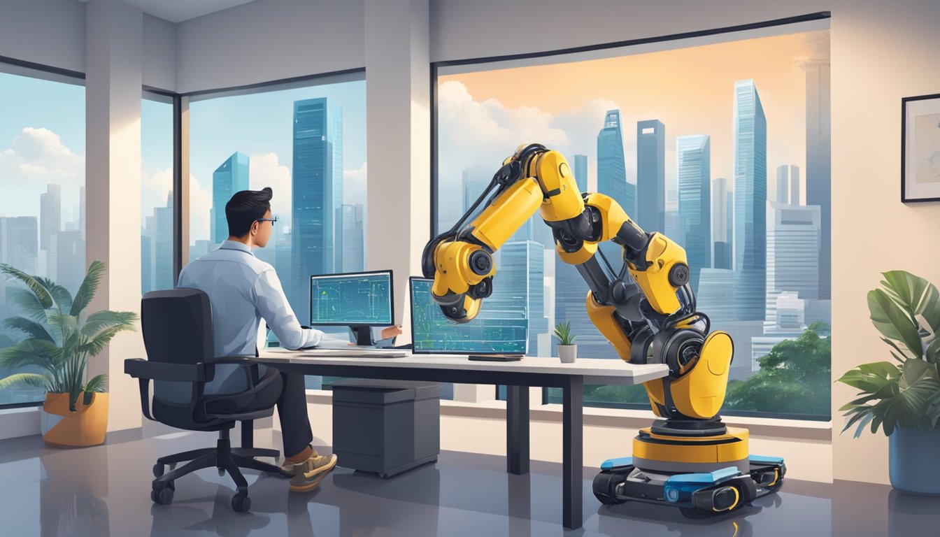 A robotics engineer in Singapore makes a high salary. The engineer is working on advanced technology in a modern office with a view of the city skyline