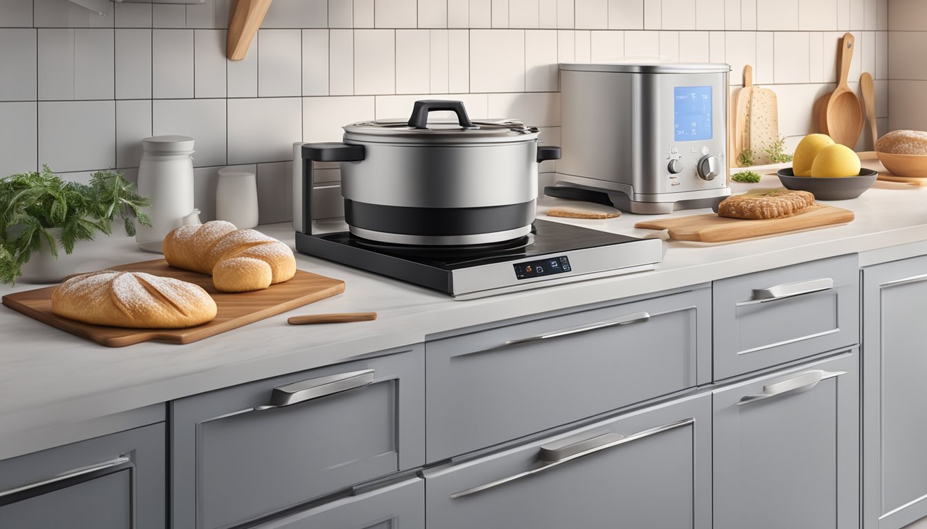 A modern kitchen with a sleek Europace convection oven on the countertop, surrounded by various baking ingredients and utensils