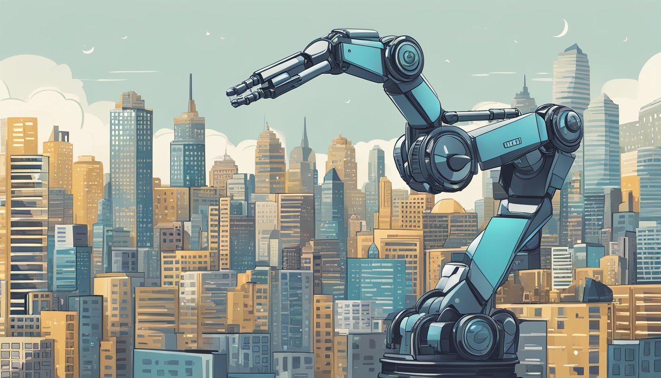 A city skyline with a robotic arm holding a salary figure, with various city names in the background
