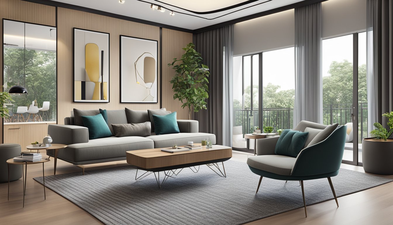 A modern living room with sleek furniture brands displayed in a showroom in Singapore