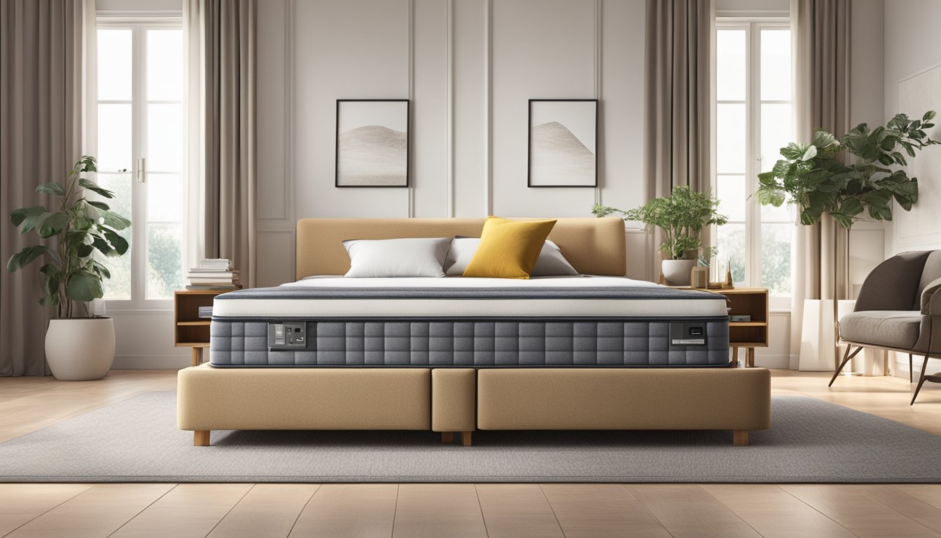 A Vazzo mattress sits atop a sturdy bed frame, surrounded by soft, fluffy pillows. The room is bathed in warm, natural light, creating a cozy and inviting atmosphere