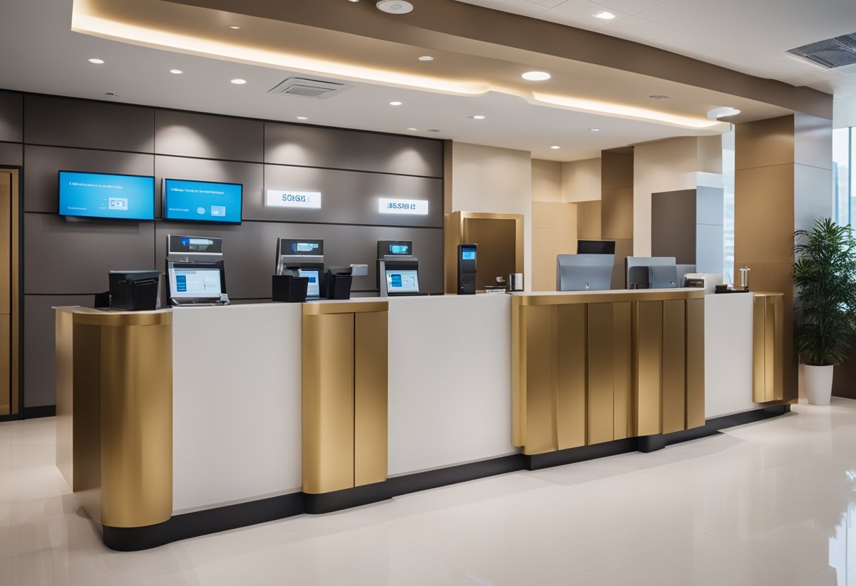 A modern bank branch in the UAE, with sleek interior design and digital banking facilities. A customer service representative assists a business owner in opening a new account