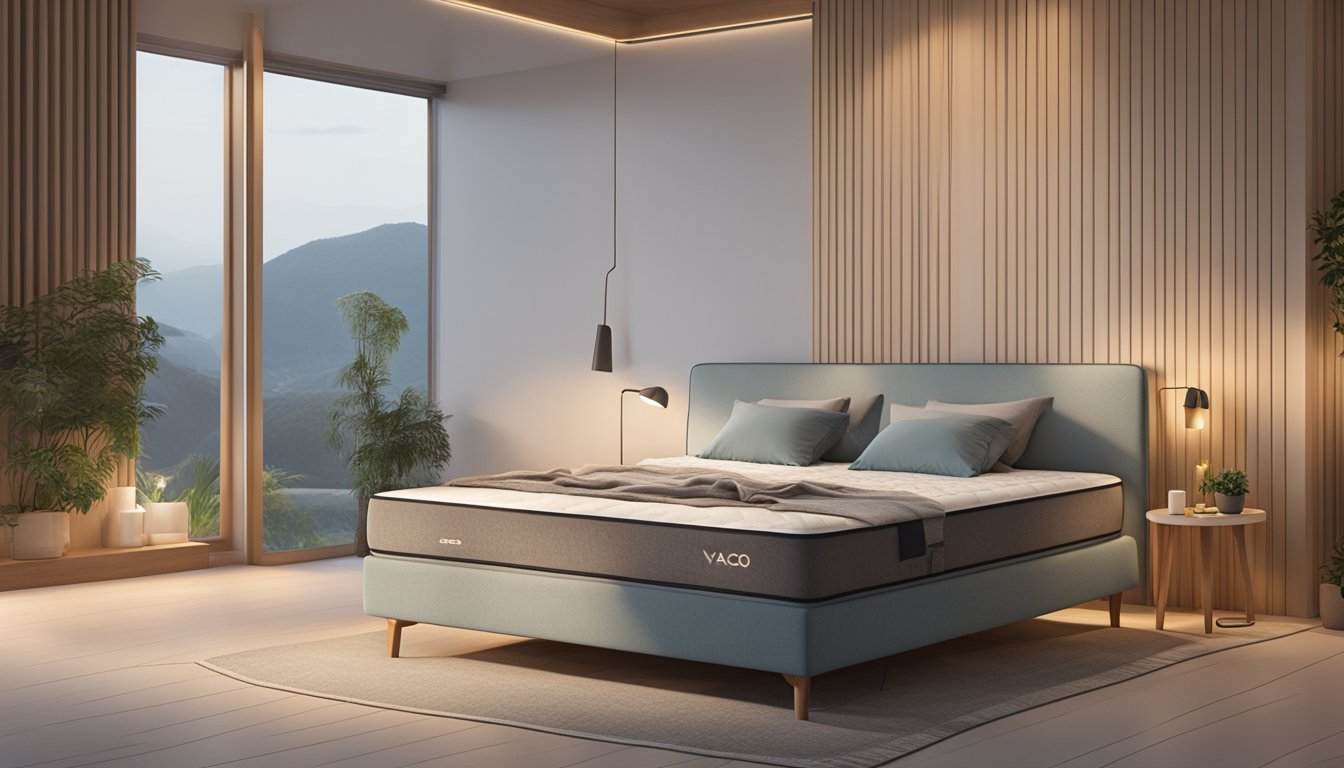 The Vazzo mattress sits in a serene bedroom, surrounded by soft lighting and minimalistic decor. A subtle smiley face icon adorns the corner, inviting comfort and relaxation