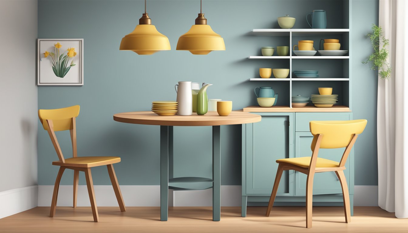 A small round table with two chairs in a cozy corner, a wall-mounted foldable shelf with dishes, and a compact sideboard for storage