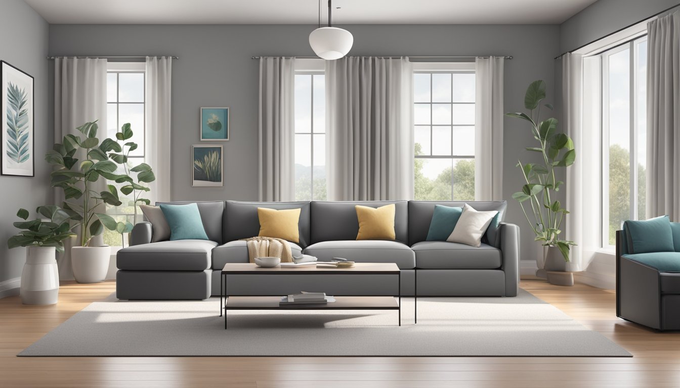 A grey sofa sits in the center of a spacious living room, adorned with plush cushions and a cozy throw blanket