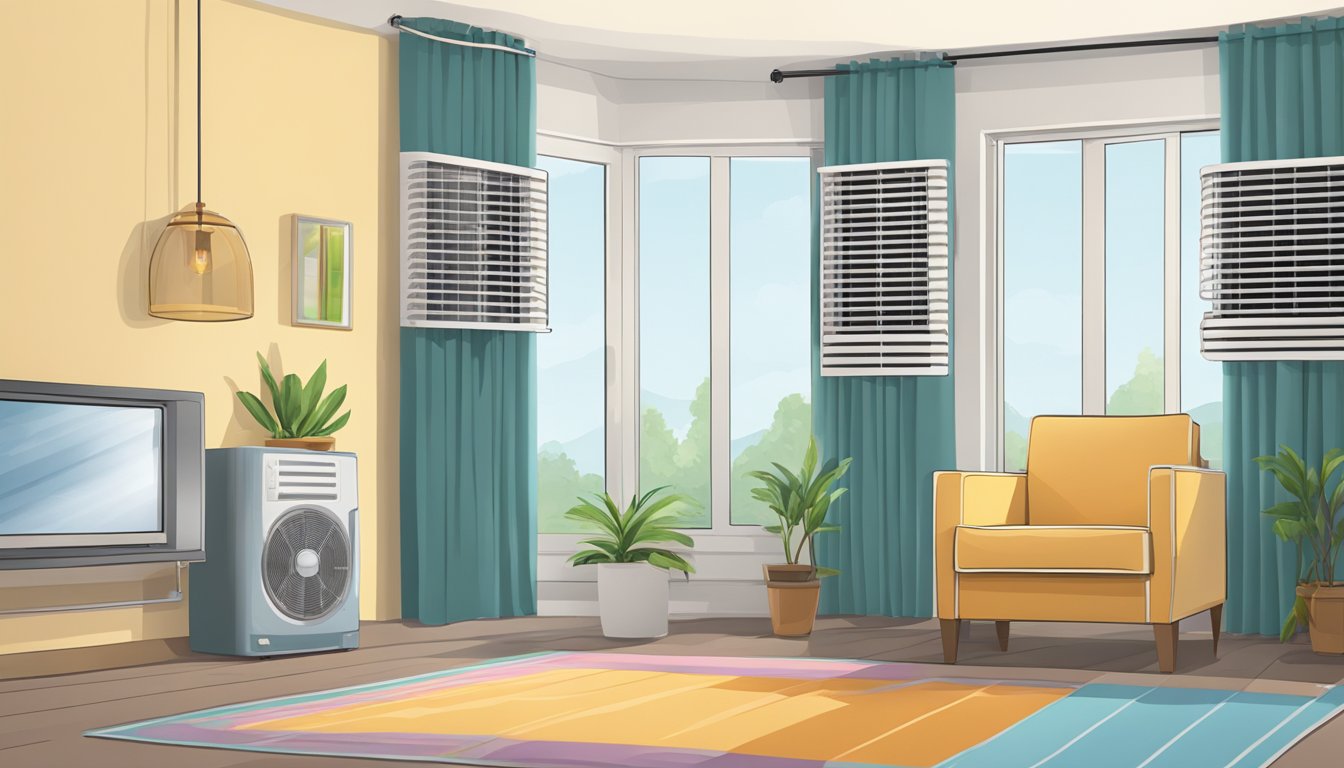 A room with a window air cooler on one side and a window air conditioner on the other, showing the differences in design and function