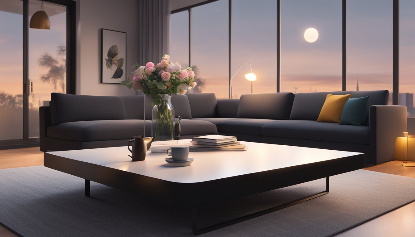 A sleek black coffee table sits in the center of the room, reflecting the soft glow of the overhead lights. Its smooth surface is uncluttered, with only a single book and a small vase of flowers resting on top