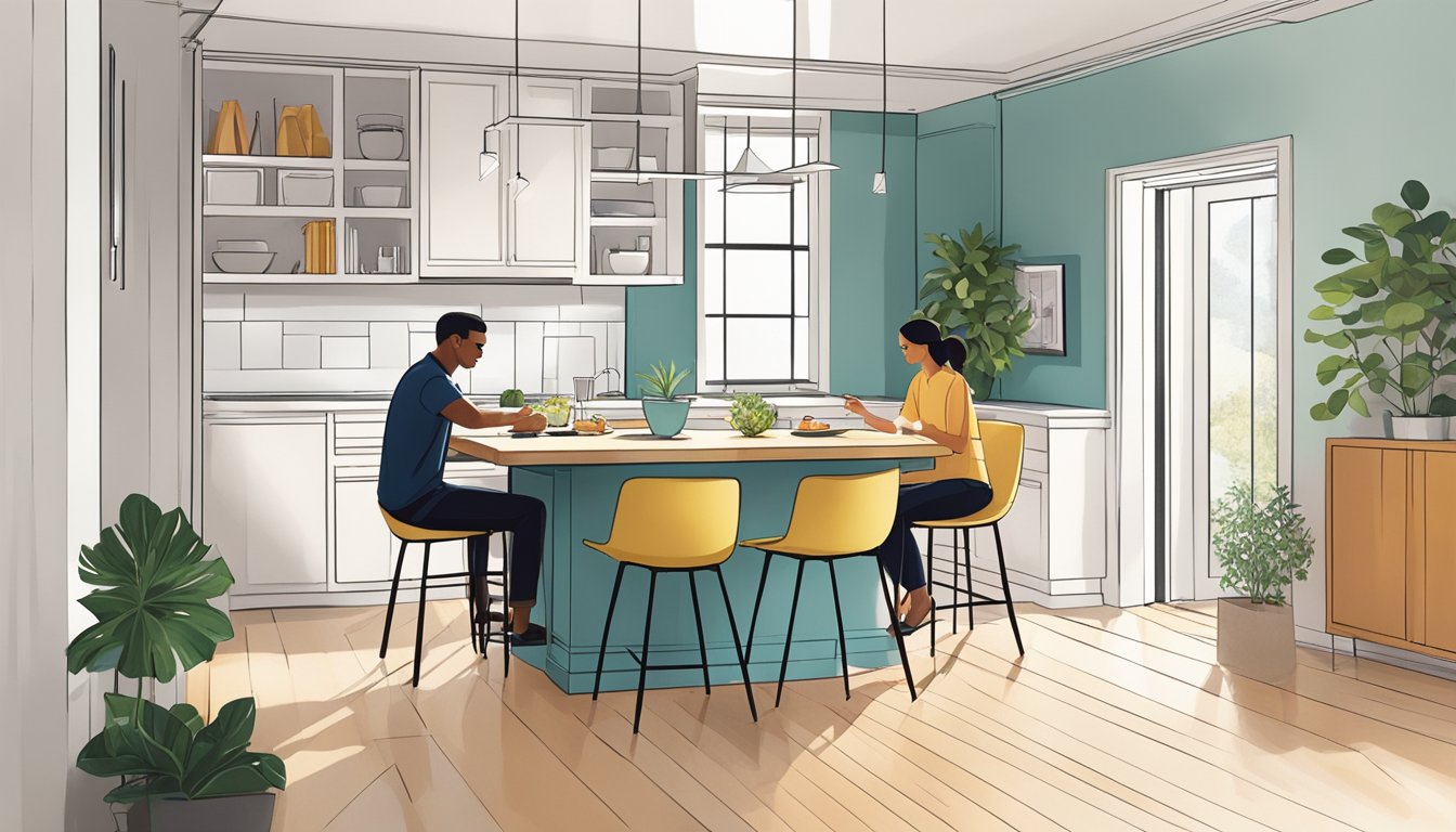 A couple measures the dimensions of a small dining area, browsing through sleek, space-saving furniture options