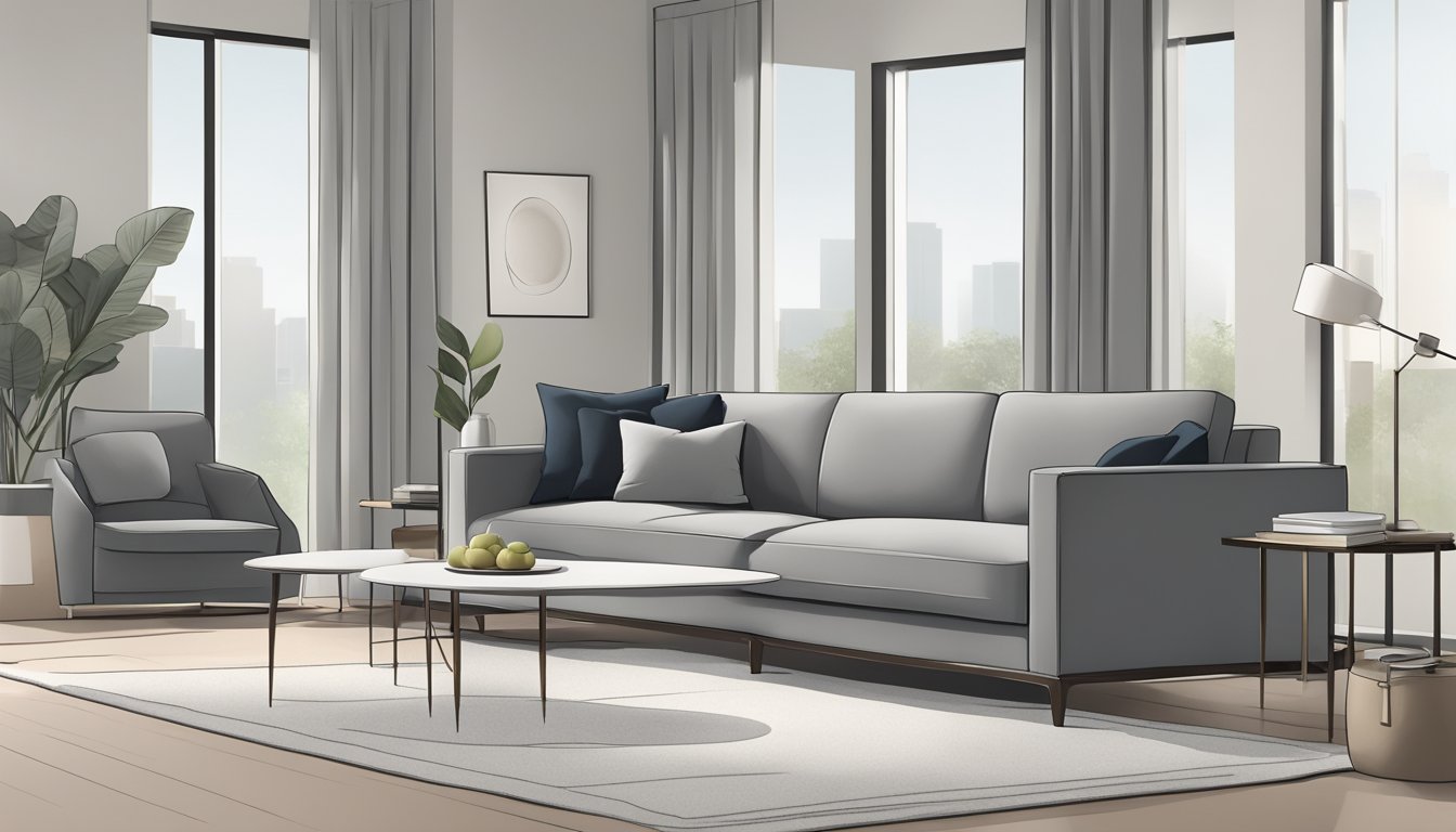 A sleek grey sofa sits in a minimalist living room, with clean lines and modern design. The neutral color scheme and simple aesthetic create a sense of calm and sophistication