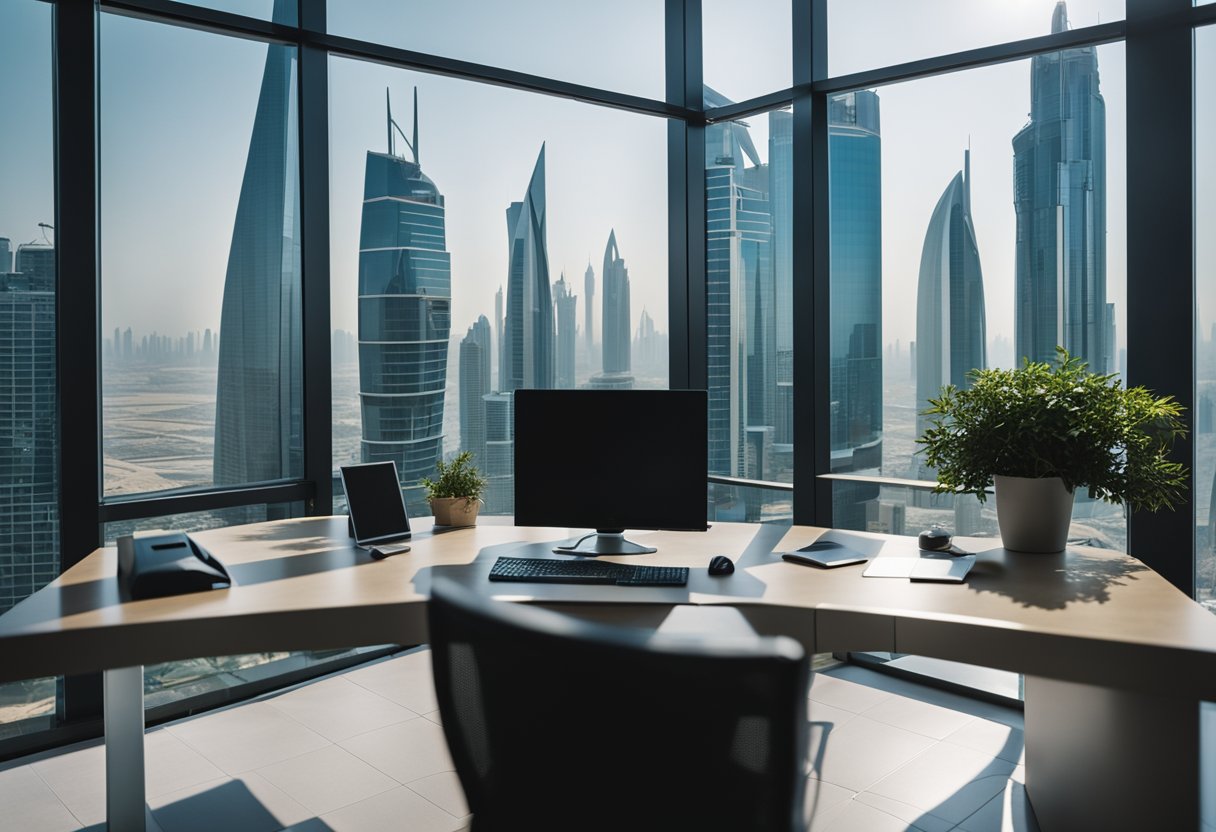 A modern office setting with a sleek desk, computer, and bank documents. A UAE skyline visible through the window, symbolizing financial organization and management