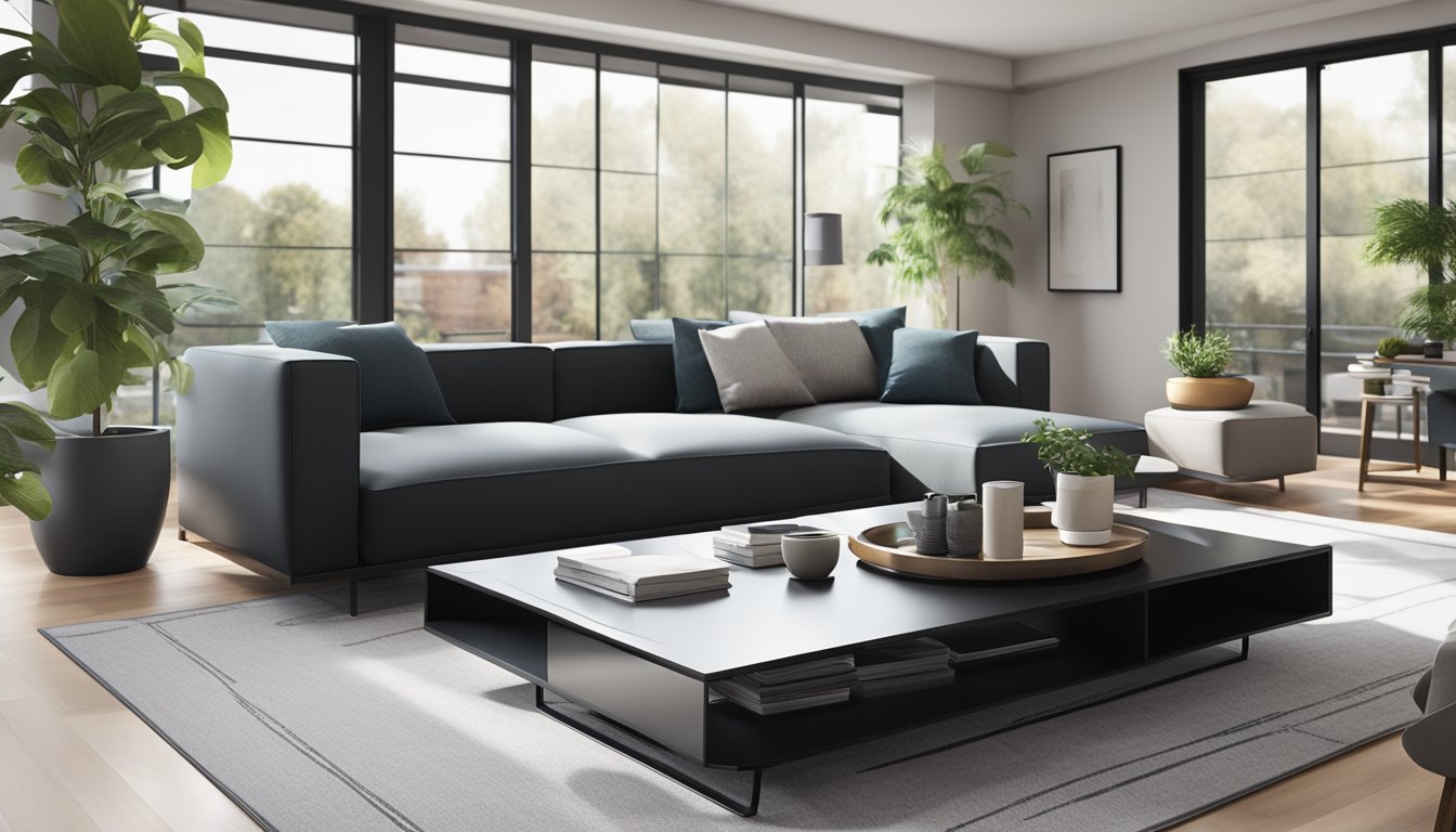 A sleek black coffee table with clean lines and a glossy finish sits in the center of a modern living room